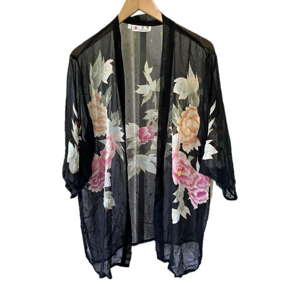 Dawn Hangzhou Liming Textiles 100% Silk Sheer Floral Open Kimono One Size - Picture 1 of 7